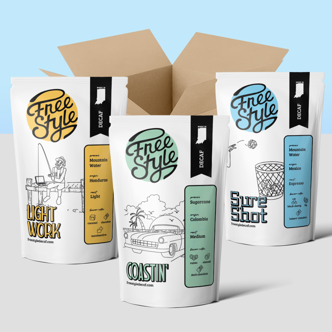 Bag of Freestyle Decaf Coffee's Founder's Favorites blend, featuring whole beans with rich aroma and dark roasted appearance.