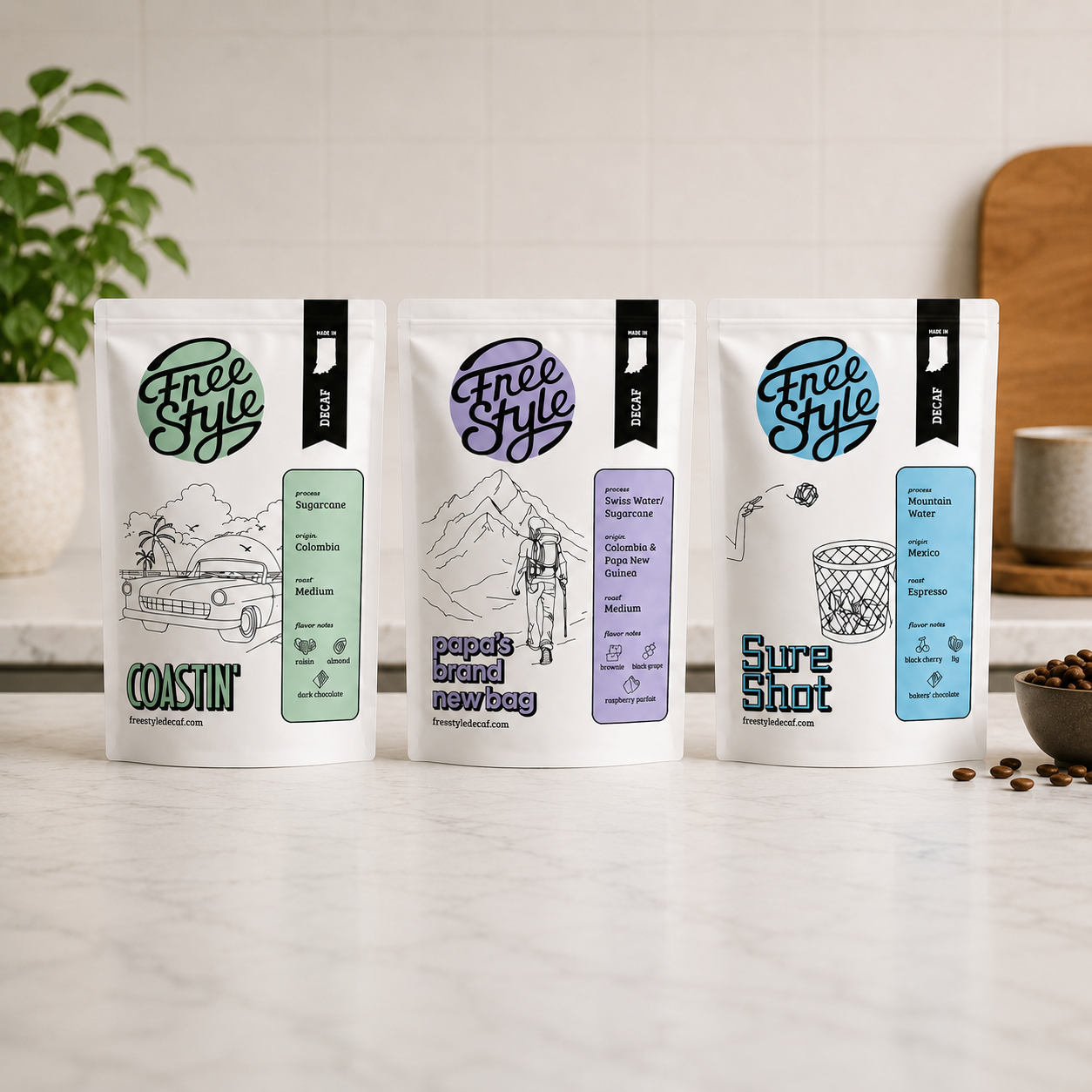 Bag of Freestyle Decaf Coffee Founder's Favorites with a dark roast, featuring rich coffee beans and branding on the packaging