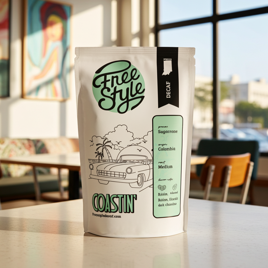 A bag of Freestyle Decaf Coffee Founder's Favorites with rich roasted coffee beans and a branded label on the packaging.