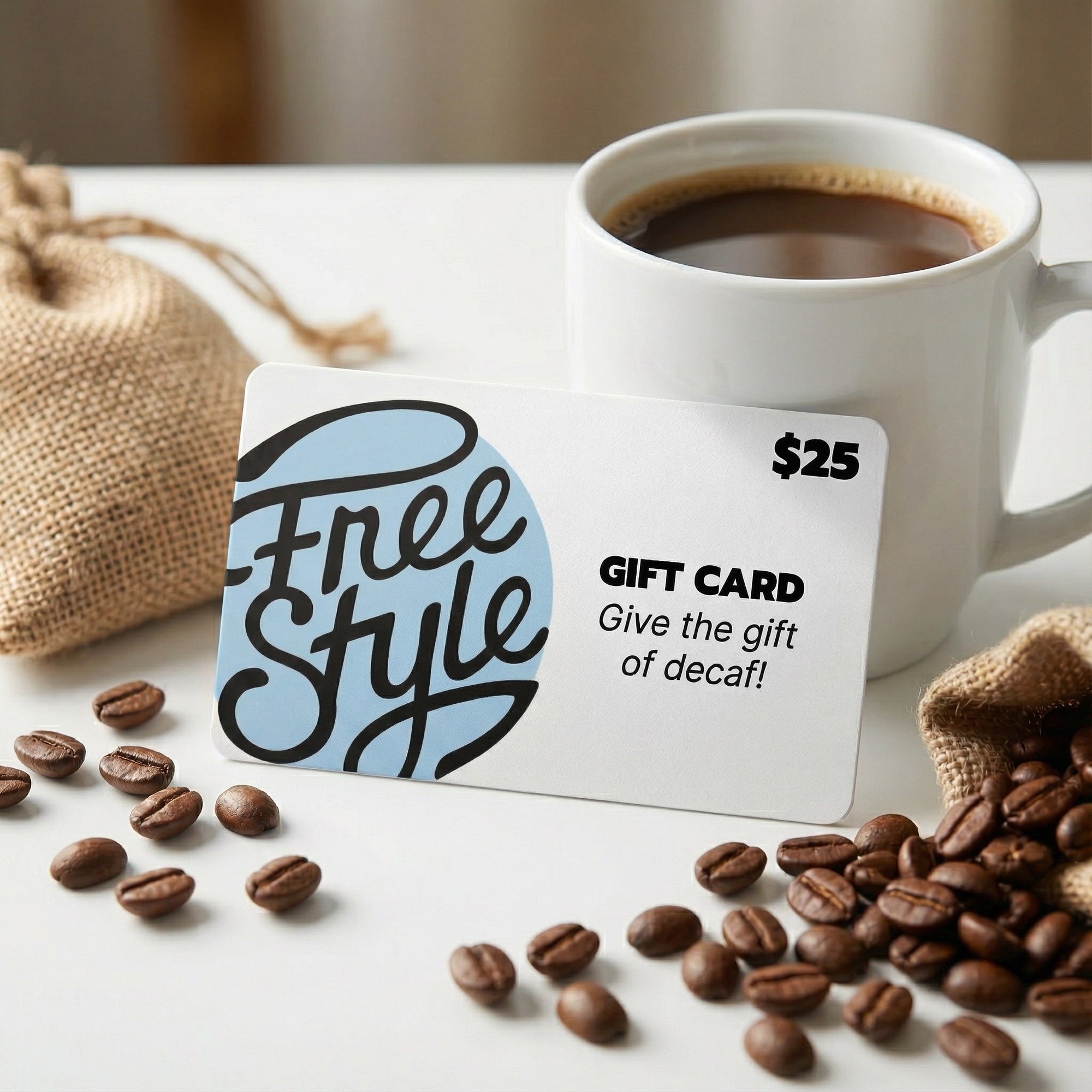Freestyle Decaf Coffee gift card featuring the Freestyle logo, perfect for gifting coffee lovers.