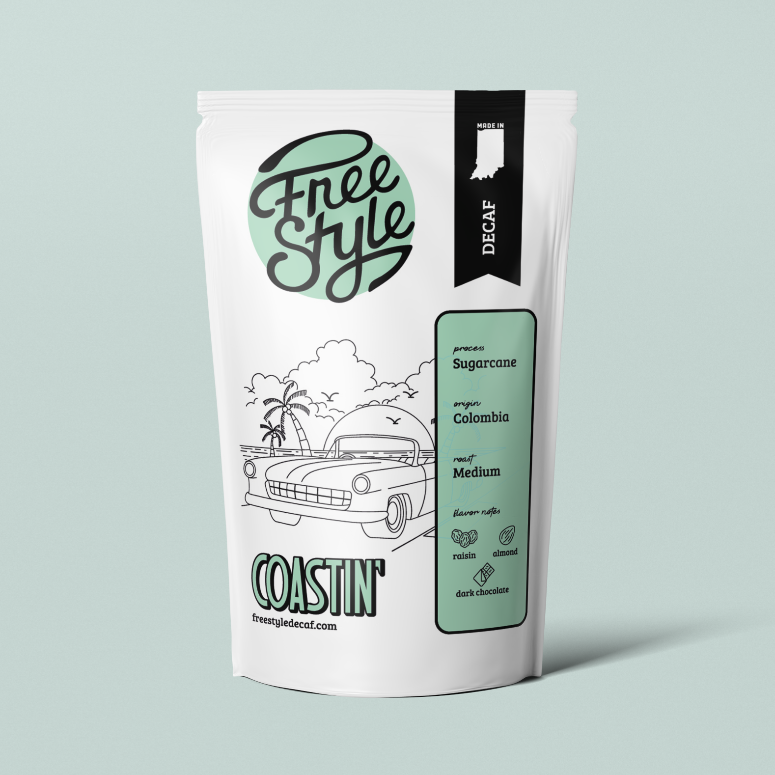 Bag of Freestyle Decaf Coffee Coastin' with visible label, showcasing the decaffeinated coffee blend in a resealable bag.