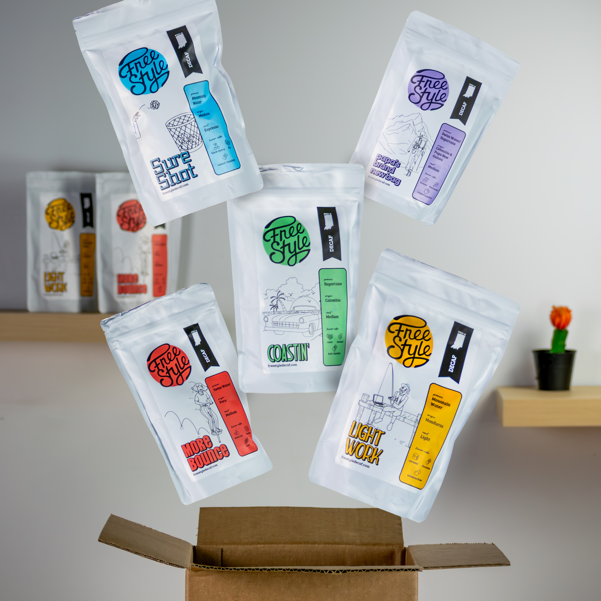 Decaffeinado Club by Freestyle Decaf Coffee showing a bag of decaffeinated coffee beans and branding logo.