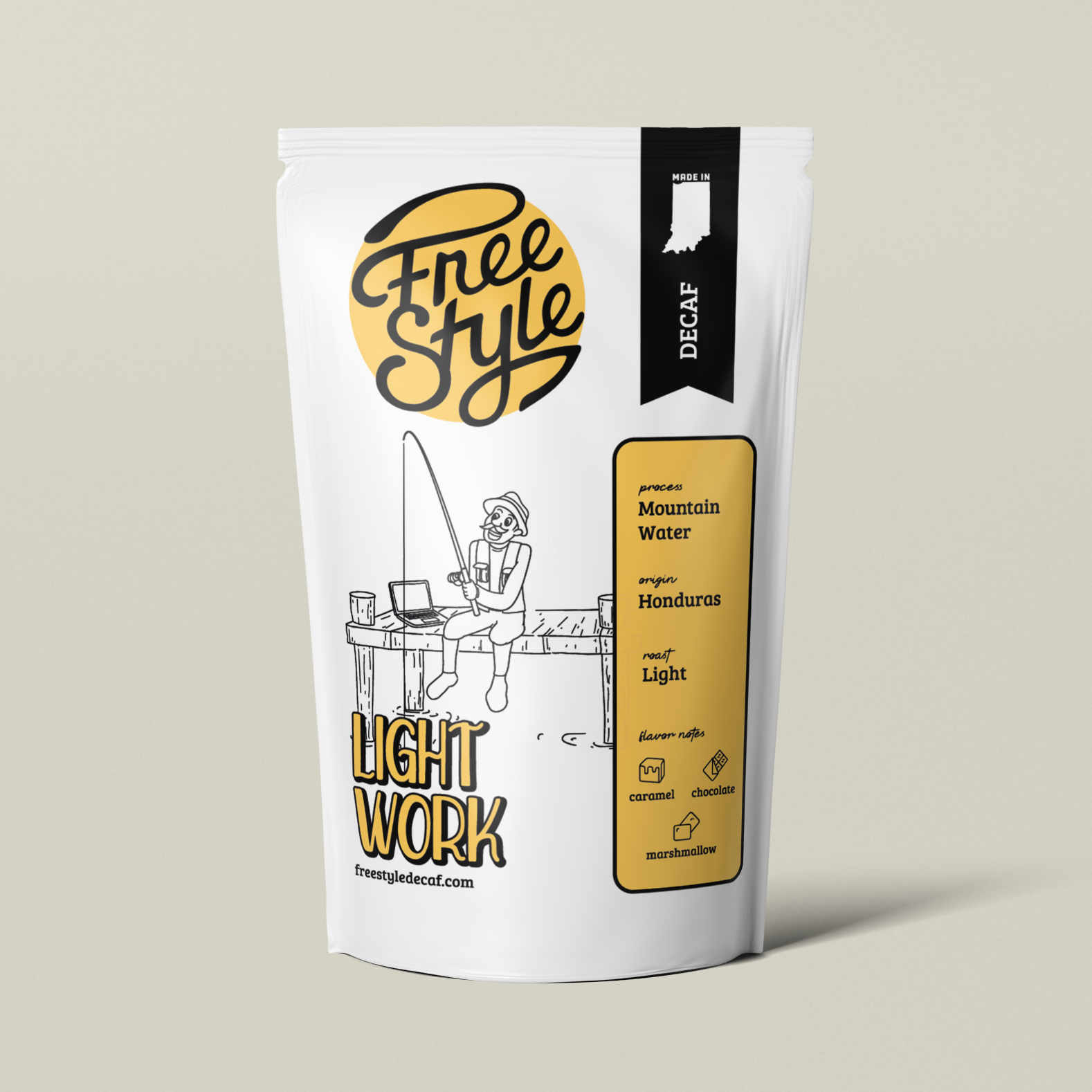 Bag of Freestyle Decaf Coffee Light Work with a neutral label and packaging visible.