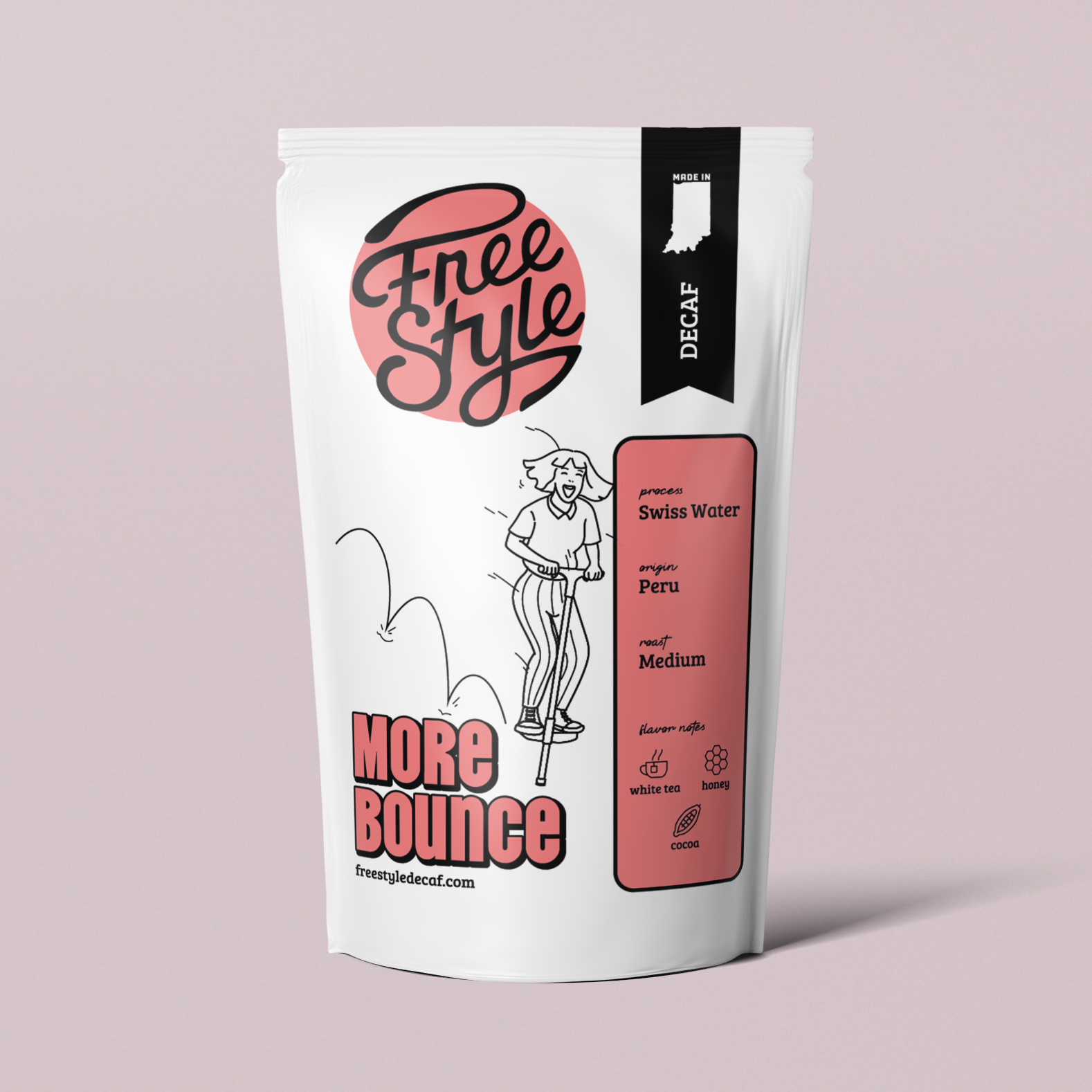 Bag of Freestyle Decaf Coffee More Bounce, showcasing its packaging and label with natural coffee bean imagery.