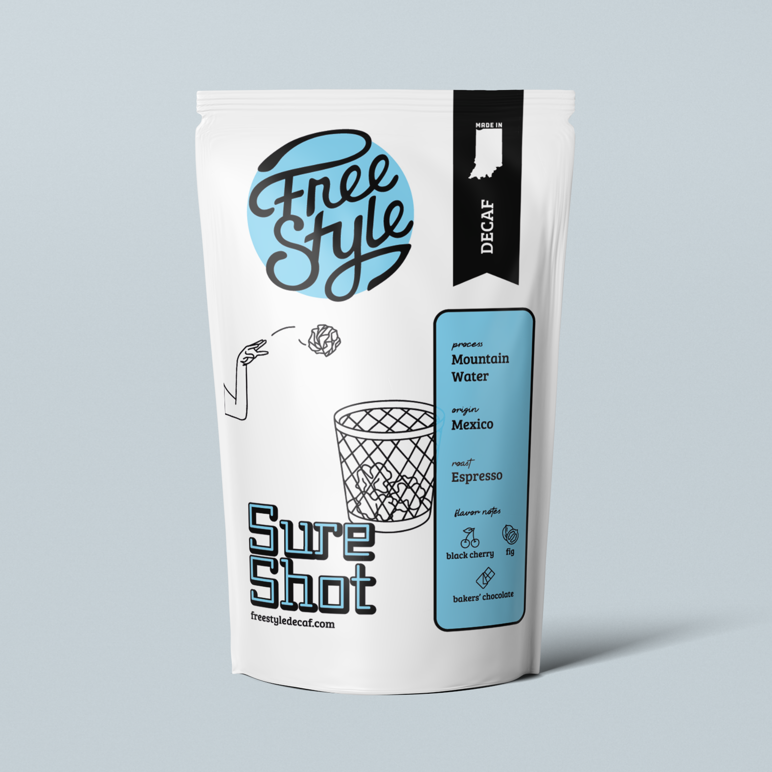 Sure Shot Freestyle Decaf Coffee bag with label, showcasing the coffee packaging and branding.